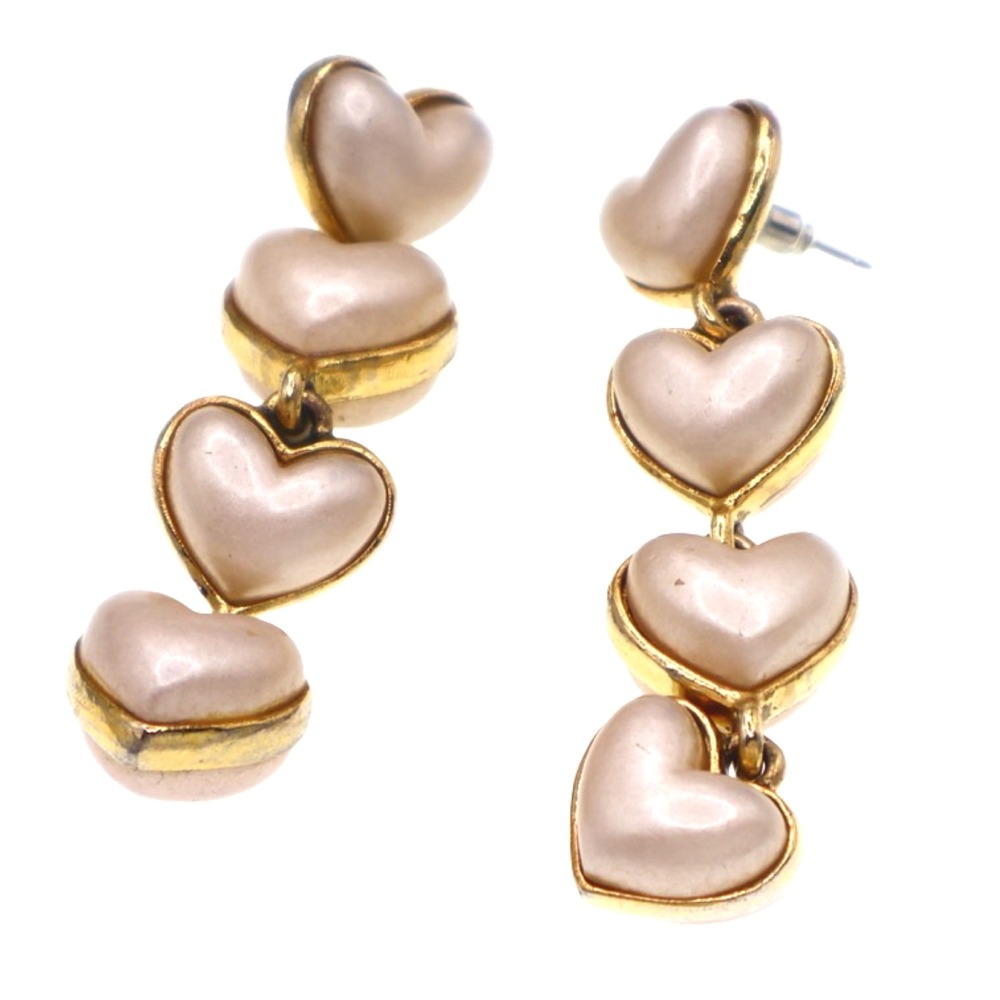 Oscar de la Renta Sweetheart Pearl Earrings Gold Tone Heart Drop Post Back - Picture 2 of 4